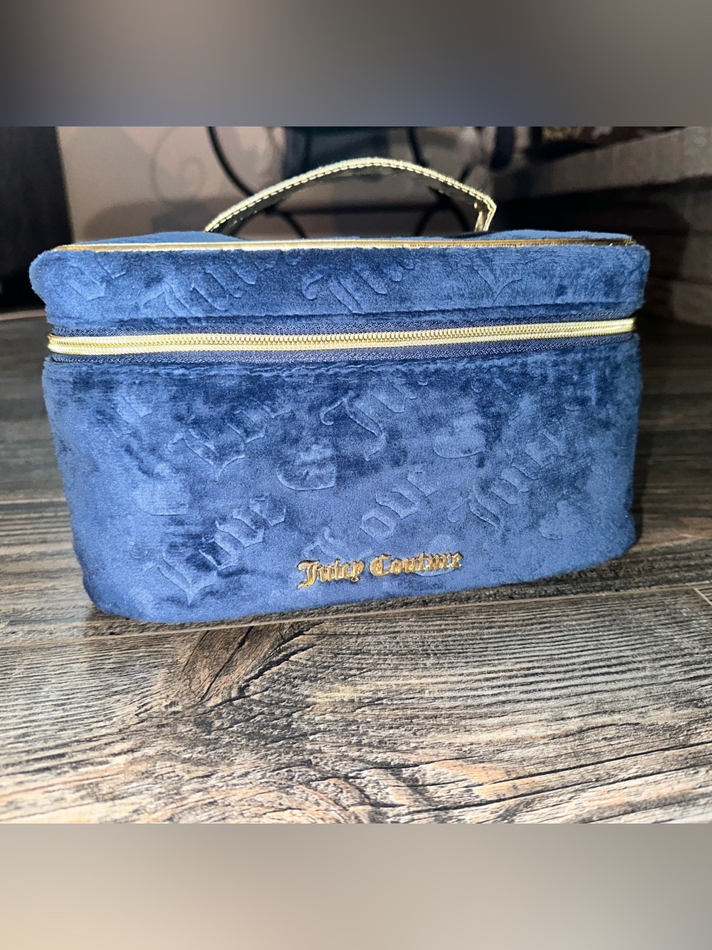 Juicy Couture Navy Velvet Cosmetic Pouch with Gold Accents